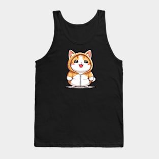 Orange Kawaii Cat in Hoodie Tank Top